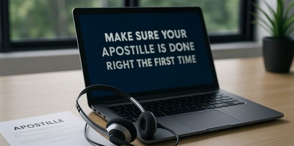 Laptop on desk with headset & apostille document, representing professional apostille services.