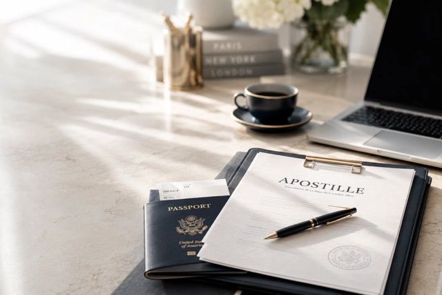 Apostille documents with U.S. passport and international travel paperwork on a office desk.