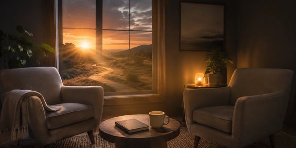 Cozy room with two armchairs and a sunset view.