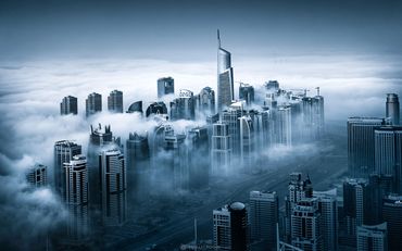Dubai fog photo by ahmad alnaji professional architecture cityscape photographer based in Dubai