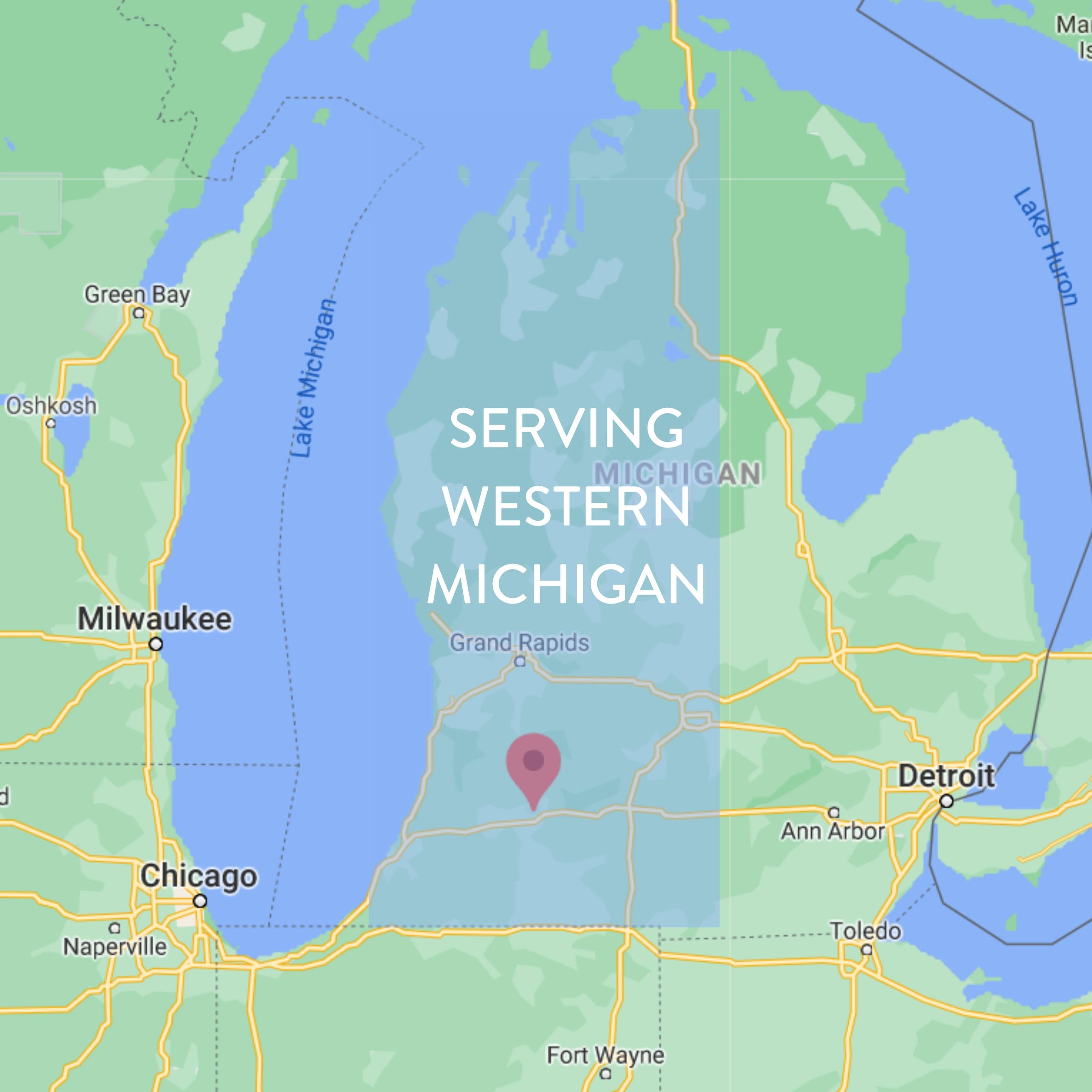MAP OF MICHIGAN HGHLIGHTING WESTERN MICHIGAN AS SERVICE AREAS FOR BASEMENT WATERPROOFING