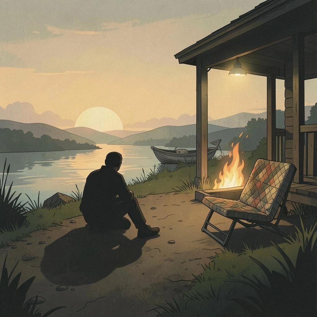 A person sits by a lake at sunset near a campfire and a boat.