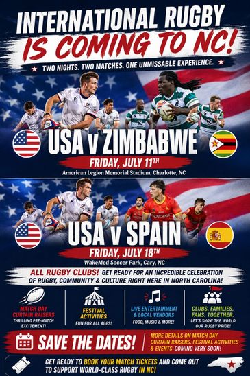 Poster announcing international rugby matches in North Carolina: USA vs Zimbabwe and USA vs Spain.
