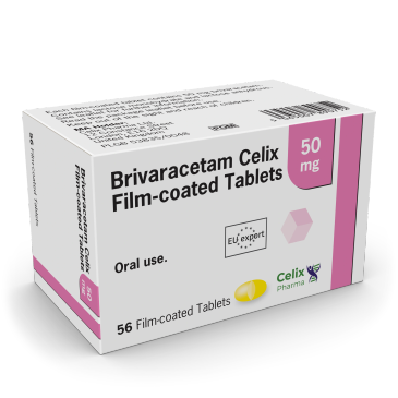 Box of Brivaracetam Celix 50 mg film-coated tablets.