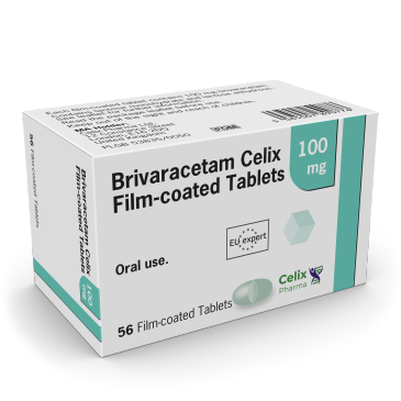 Box of Brivaracetam Celix 100 mg film-coated tablets.