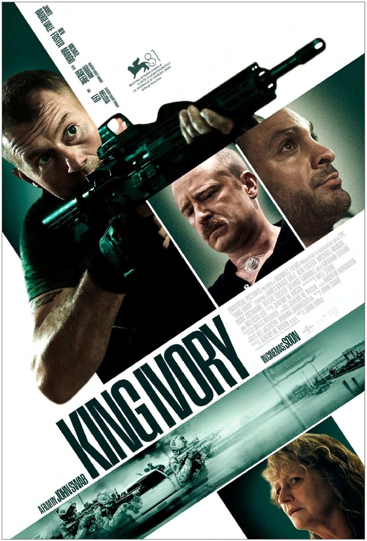 Movie poster for the action drama 'King Ivory' featuring intense characters and soldiers in combat.