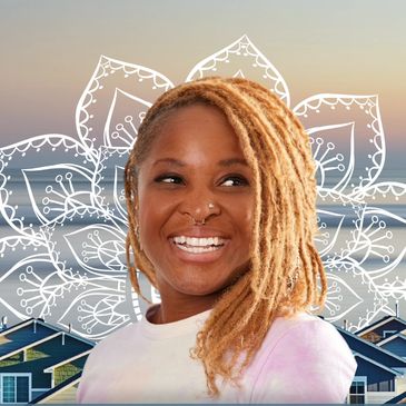 Smiling woman with blonde dreadlocks and a white mandala design background.