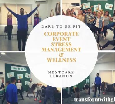 Corporate wellness event with yoga and mindfulness to boost productivity, reduce stress, 