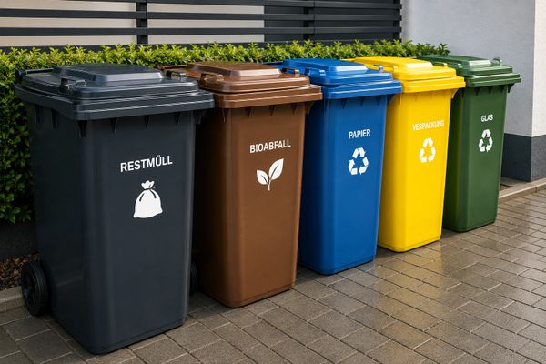 Five color-coded waste bins for different types of recycling and trash.
