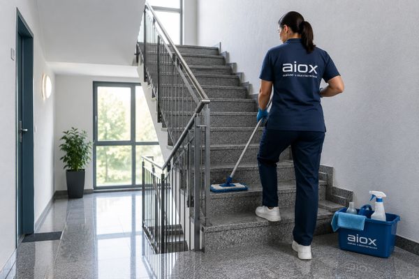 A cleaner mops stairs in a bright, modern building hallway.