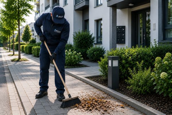 A worker sweeps leaves on a residential sidewalk in uniform.