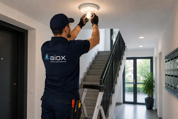 Electrician installing a ceiling light bulb in a modern hallway.