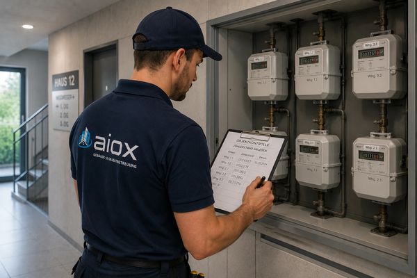 Technician inspecting and recording readings from utility meters in a residential building.
