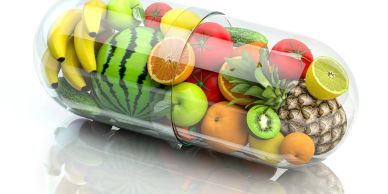 A capsule filled with various fresh fruits.