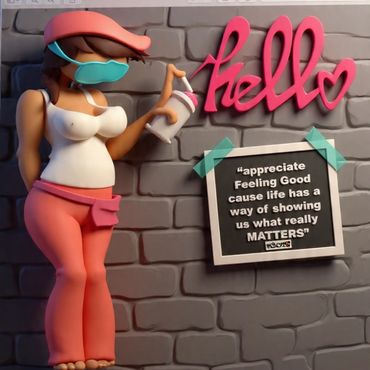 3D cartoon figure with mask and spray paint next to a positive quote.