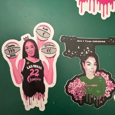 Artistic stickers of women with basketballs and flowers.