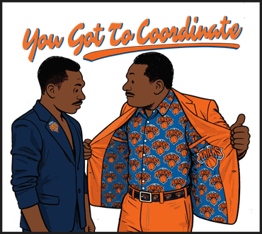 Two men coordinating Knicks-themed outfits.