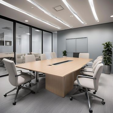 Modern conference table with ergonomic chairs and whiteboard