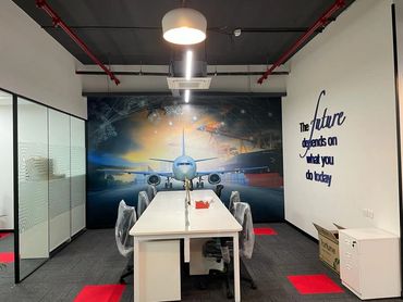 Minimalist office interior design with efficient storage and seating solutions.