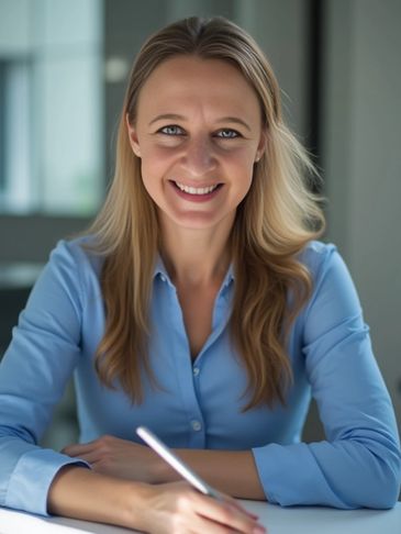 Smiling woman in a blue shirt sitting at a desk with a pen.