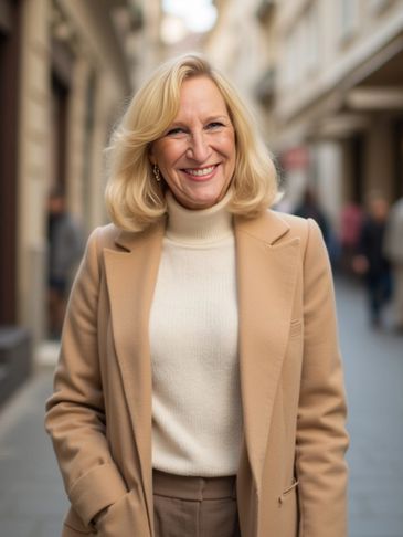Smiling woman in beige coat standing on a city street.