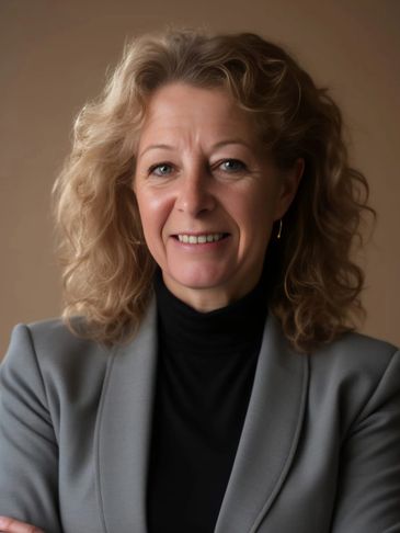 Professional woman with curly blonde hair wearing a gray blazer and black turtleneck.