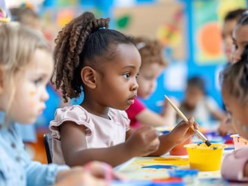 Children focused on painting in a colorful classroom.