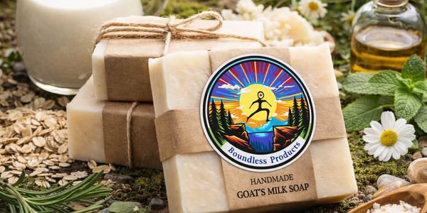 Handmade goat's milk soap with natural ingredients and rustic packaging.