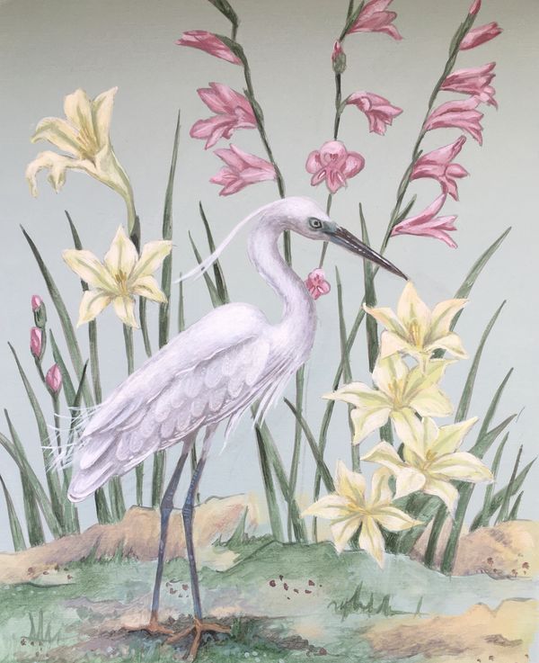 Little egret and marsh marigolds