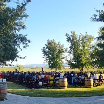 Outdoor gathering with people seated under trees on a sunny day.