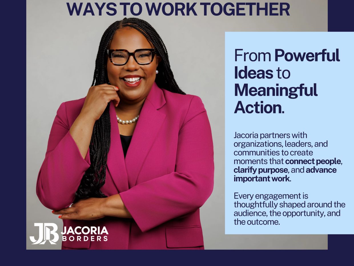 Professional woman promoting collaborative work and meaningful action.