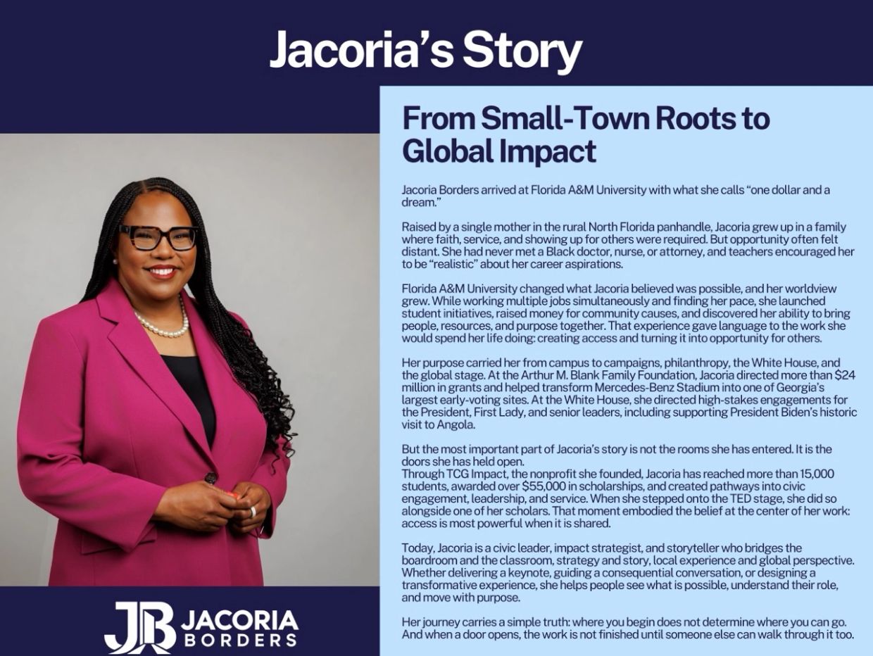 Portrait of Jacoria Borders with her inspiring story of impact and leadership.