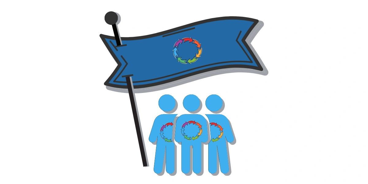 Graphic: person figures wearing change circle on their shirts and holding up a flag