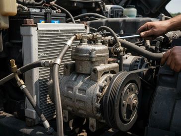A person repairs a car engine with a wrench under the open hood.