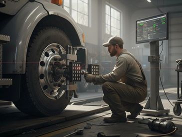 Mechanic calibrating a truck wheel alignment with advanced tools in a workshop.