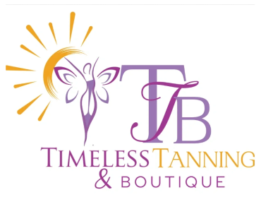 Logo of Timeless Tanning &amp; Boutique with sun and butterfly design.