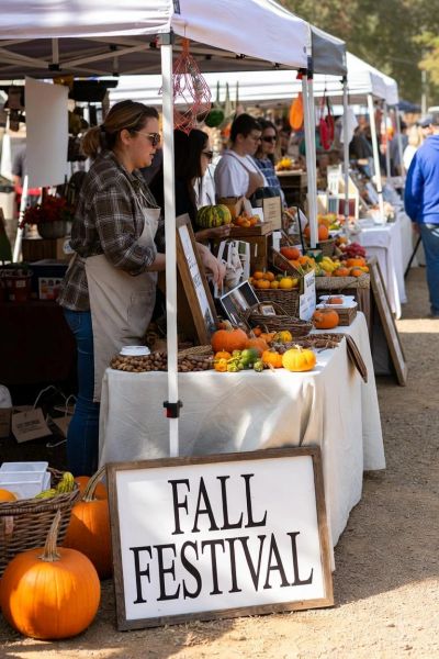 People at a fall festival market stall selling pumpkins and fall produce.