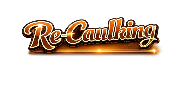 Stylish golden text reading 'Re-Caulking' with light reflections.