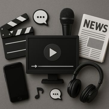 Multimedia icons representing creative versatility in content, news, and performance.