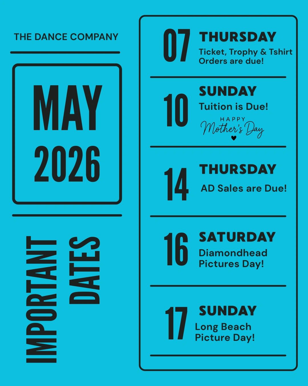May 2026 important dates for The Dance Company including deadlines and picture days.