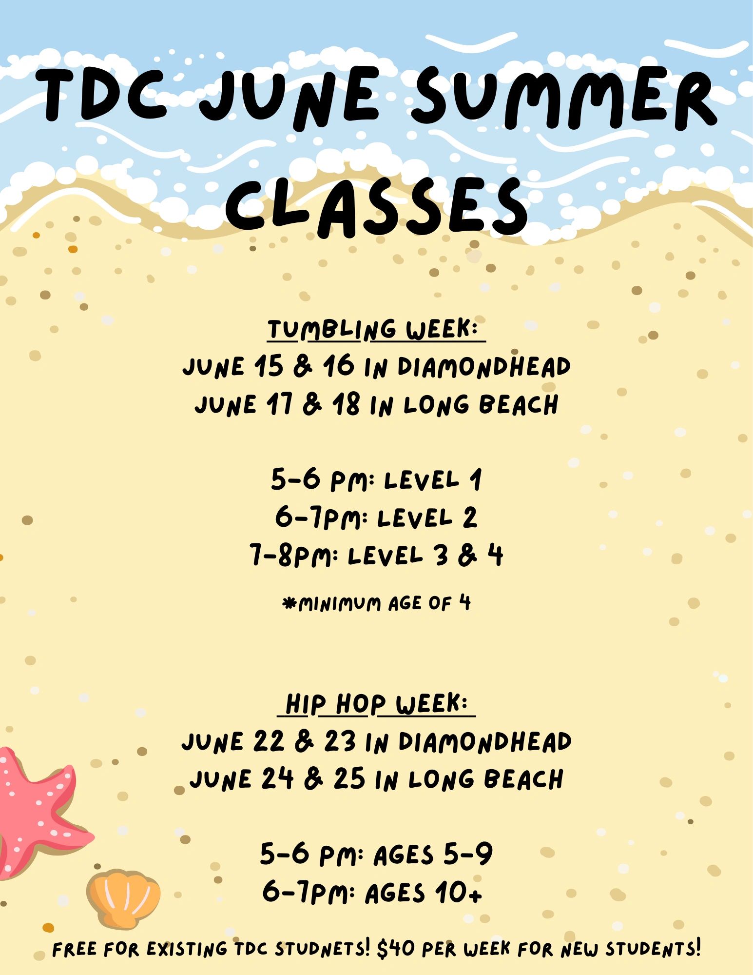 TDC June Summer Classes poster with tumbling and hip hop weeks details.