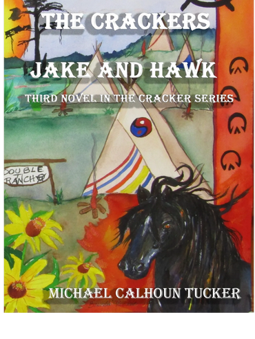 Book cover featuring a black horse, sunflowers, and teepees at sunset.