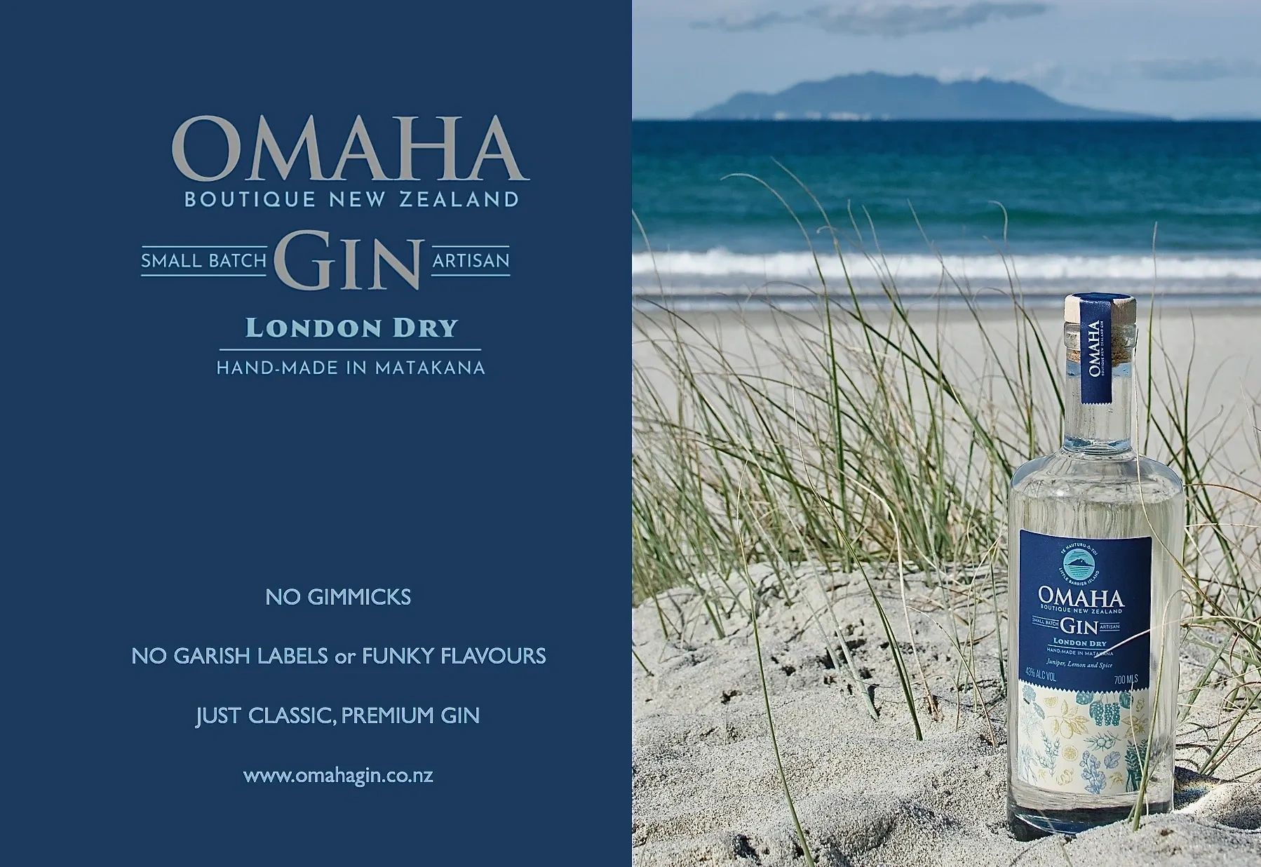 Omaha Boutique New Zealand Gin bottle on beach with promotional text.