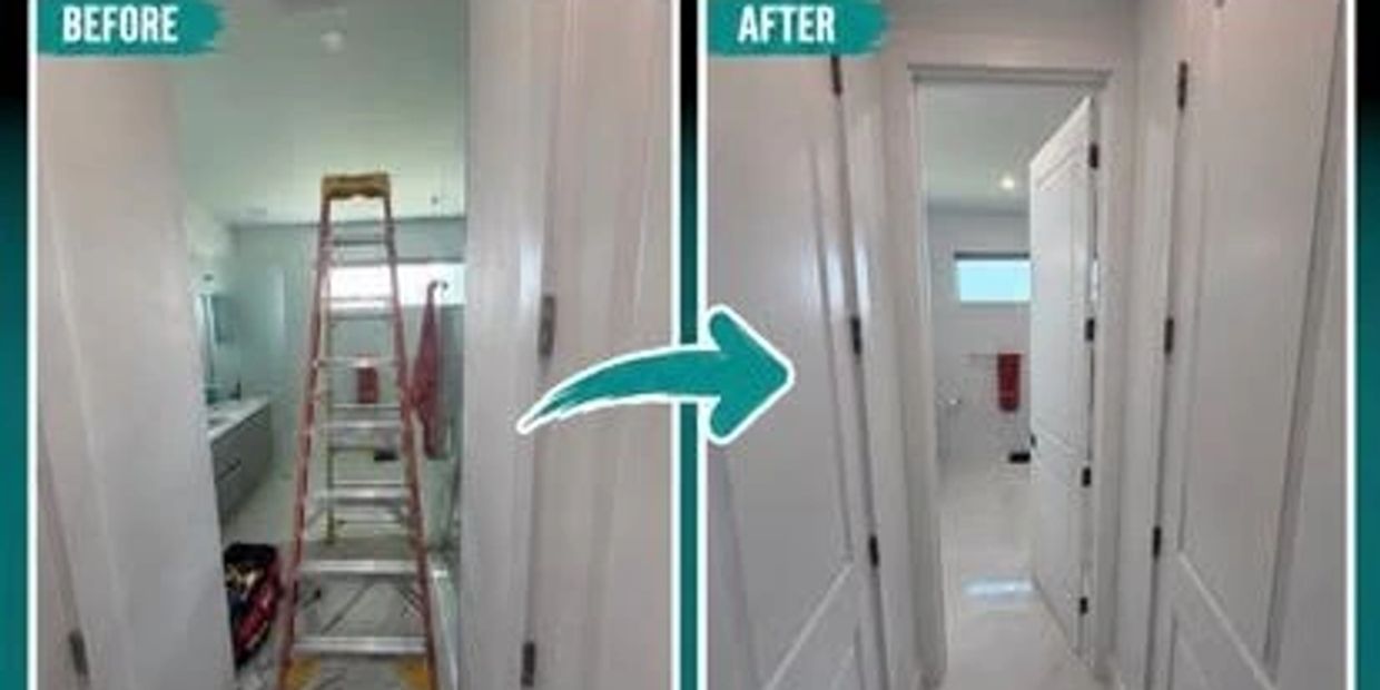 Before-and-after primary bathroom door installation by Gallagher Property Maintenance in Cape Coral.