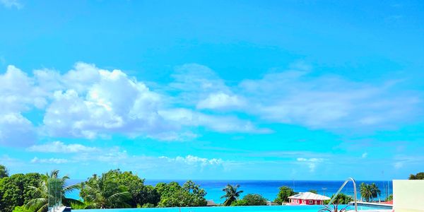 Infinity pool overlooking ocean under a bright blue sky.