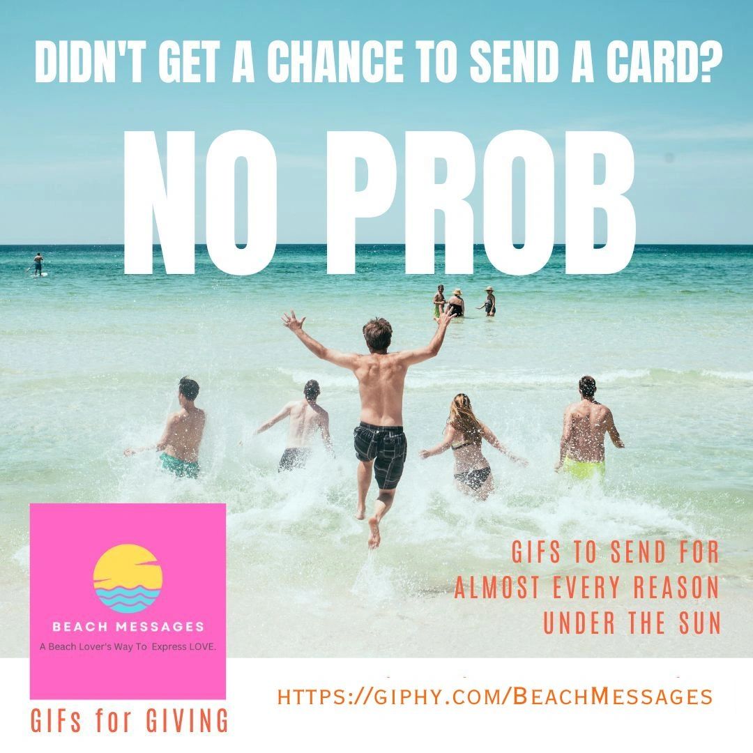 Postcard advertising Beach Message GIFs designed by Rosemary Chase.