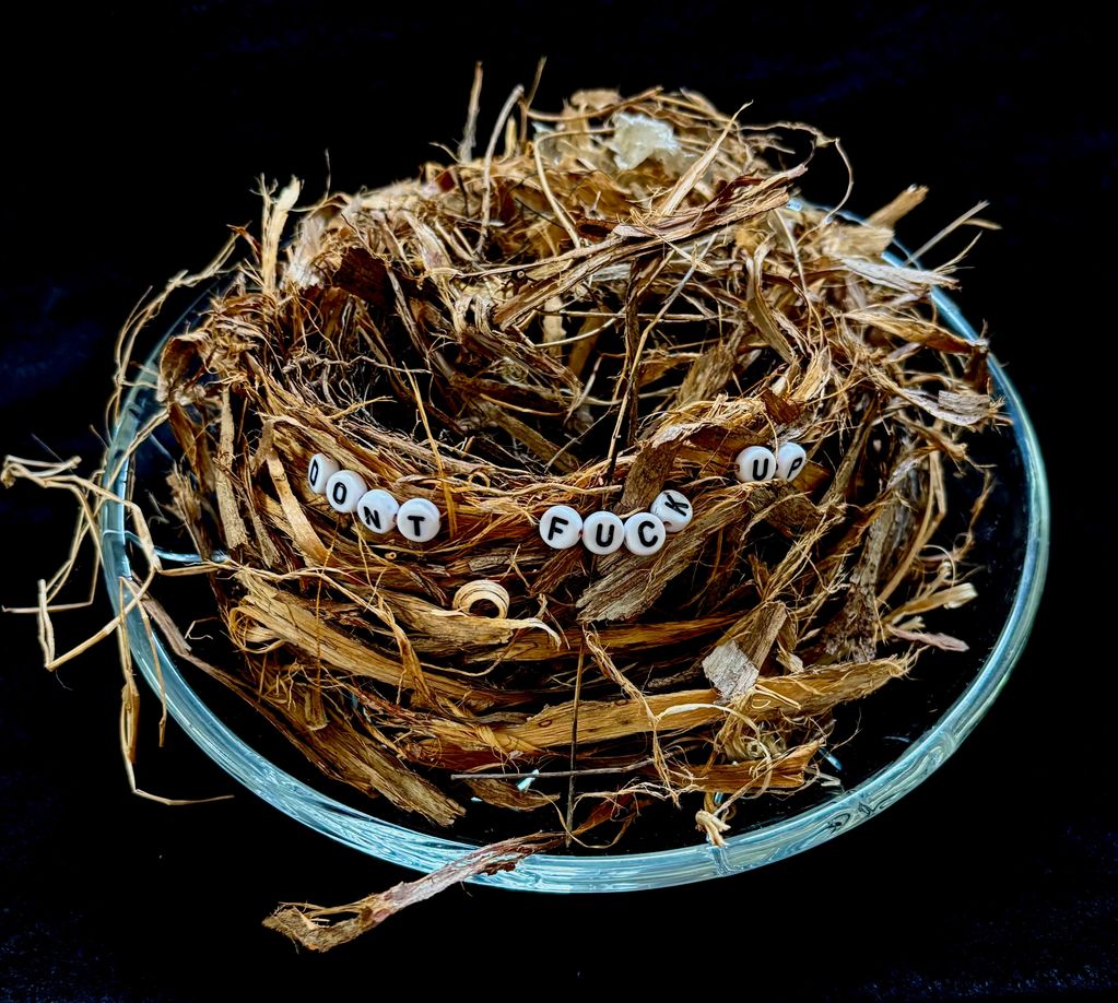 Beads spelling out "Don't Fuck Up" attached to a bird's nest in a vintage glass bowl.