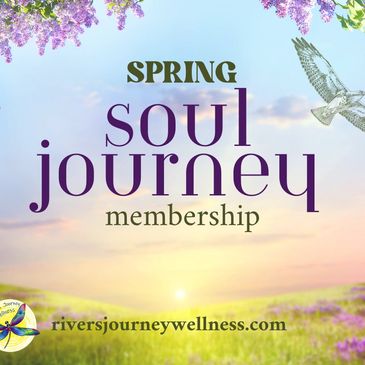 sunrise with "Soul Journey Membership: Spring" over a sunny green grass and purple flowers