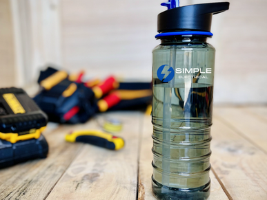 simple electrical. Clear triton plastic water bottle, with black lid and blue straw. tradie.