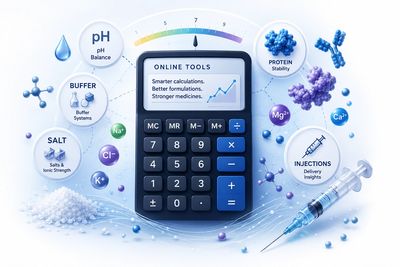 Digital calculator surrounded by pharmaceutical elements and terms like pH, protein, and injections.